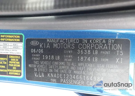 2006 Kia Rio Lx z USA, uszkodzony, nr VIN KNADE123466164984